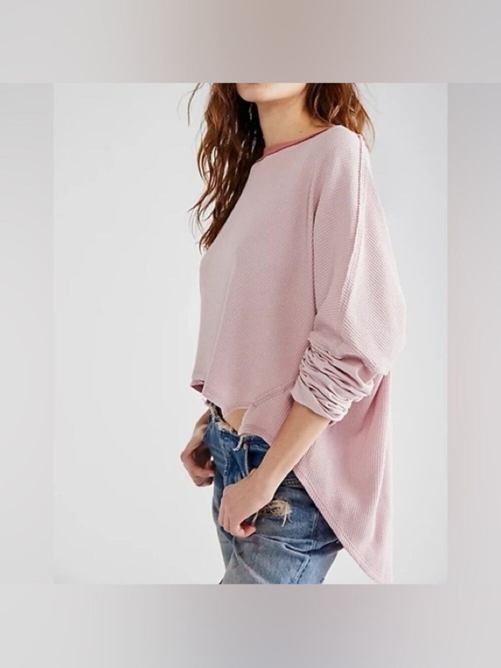 Free People Jayson Ringer Thermal Long Sleeve Tee Pink Small